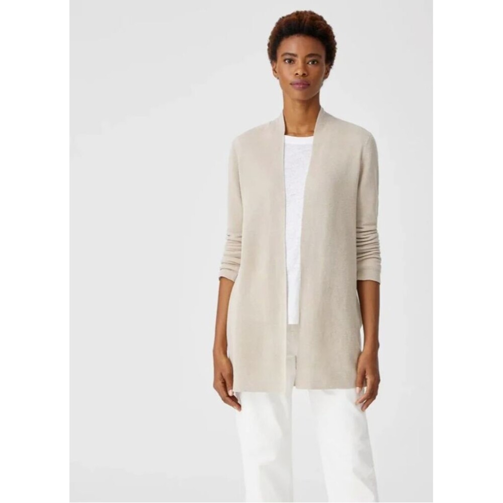 Eileen Fisher Organic Linen Cotton Open Front Layering Cardigan – Beige M